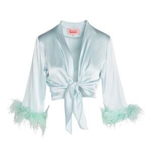 Rezek Studio Foxy Top Medium Ice Blue Feather Trim Tie Front
